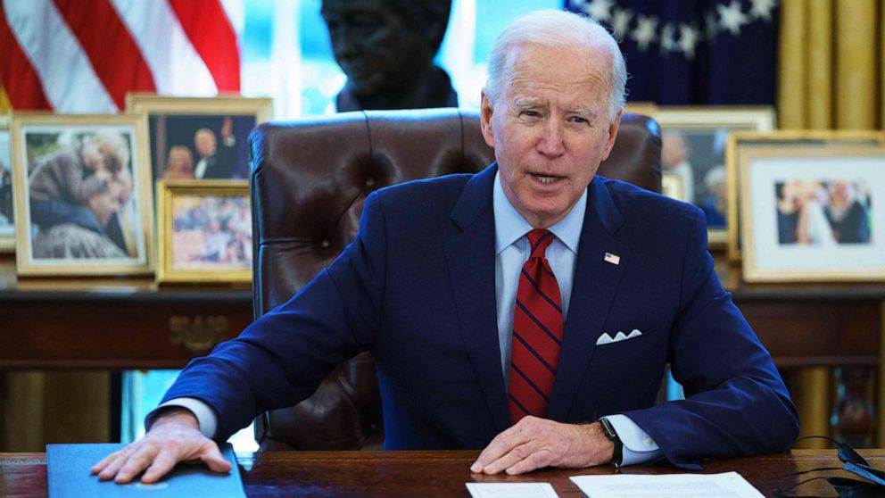 PHOTO: President Joe Biden speaks in the Oval Office of the White House in Washington, D.C., Jan. 28, 2021.