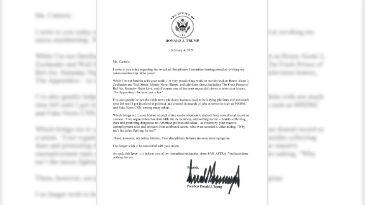特朗普写信宣布退出美国演员工会。