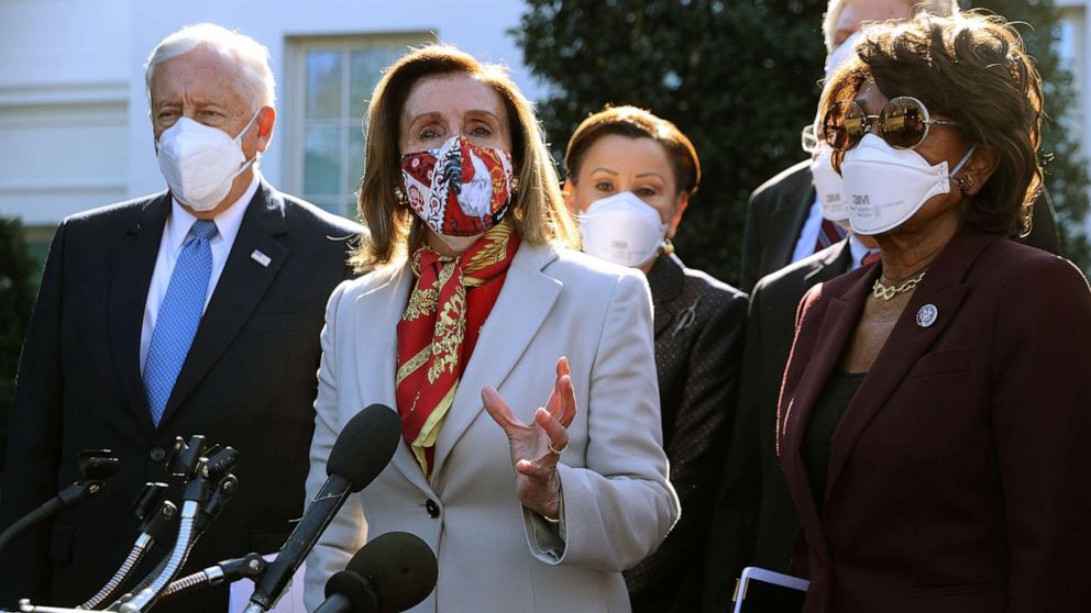 PHOTO: Speaker of the House Nancy Pelosi talks to reporters outside the West Wing after she and House Democratic leaders met with President Joe Biden to discuss coronavirus relief legislation at the White House, February 5, 2021, in Washington.