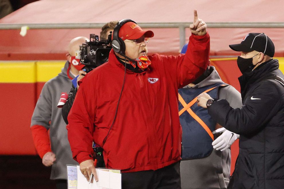 PHOTO: Head coach Andy Reid of the Kansas City Chiefs reacts on the sideline in the first half against the Buffalo Bills during the AFC Championship game at Arrowhead Stadium on Jan. 24, 2021, in Kansas City, Mo.