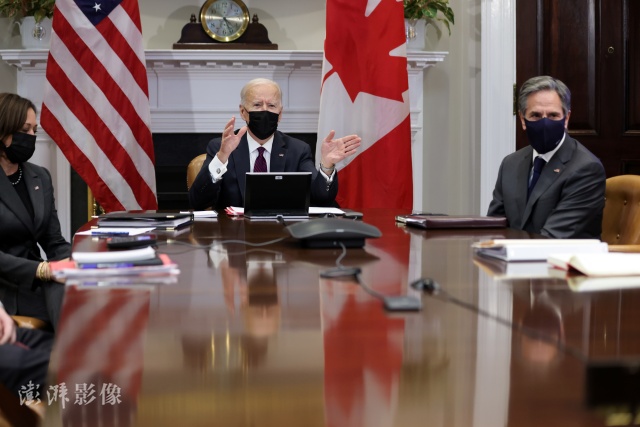 当地时间2021年2月23日，美国华盛顿，加拿大总理特鲁多与美国总统拜登的首次正式会晤举行，会晤采用视频方式。图片来源：澎湃新闻