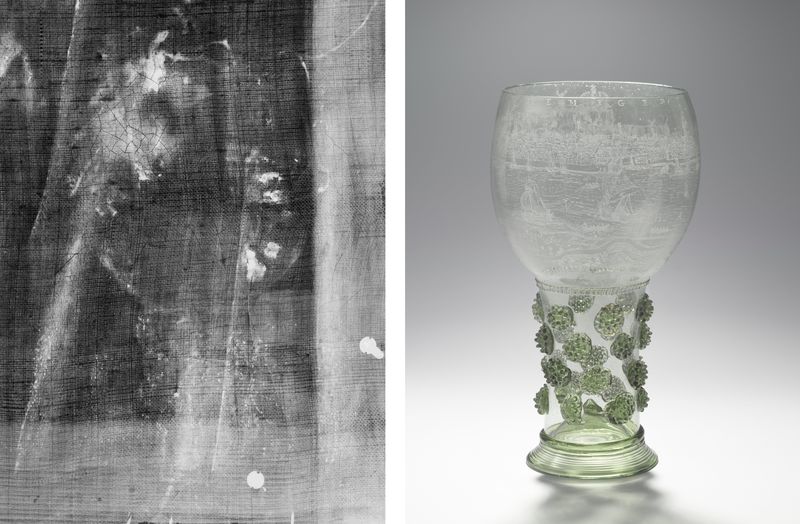 维米尔《窗前读信的少女》X射线图像中玻璃制品细节，与阿姆斯特丹国立博物馆藏1644年玻璃器物细节对比