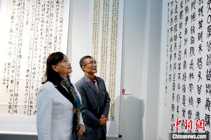 福建省海外妇女联谊会副会长吴清菊正在观看自己的画作。　叶秋云 摄