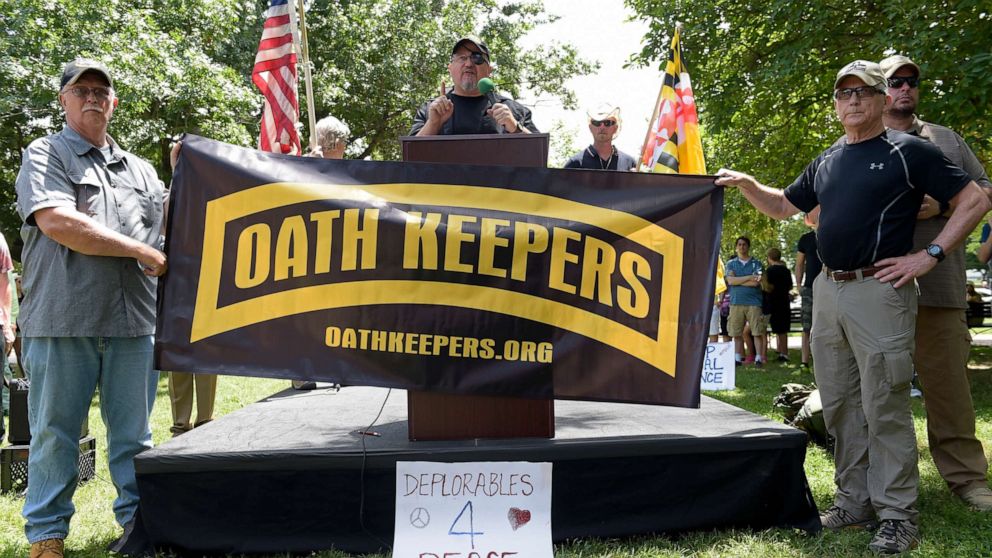 PHOTO: Stewart Rhodes, founder of the citizen militia group known as the Oath Keepers, center, speaks during a rally outside the White House in Washington, June 25, 2017.