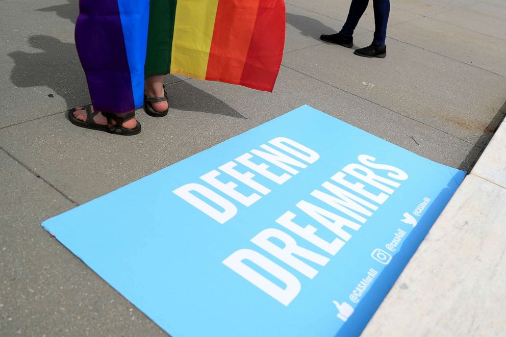 PHOTO: A sign in support of DACA Dreamers lies at the steps of the U.S. Supreme Court after the court declined to hear a Trump administration challenge to California's sanctuary laws, in Washington, June 15, 2020.