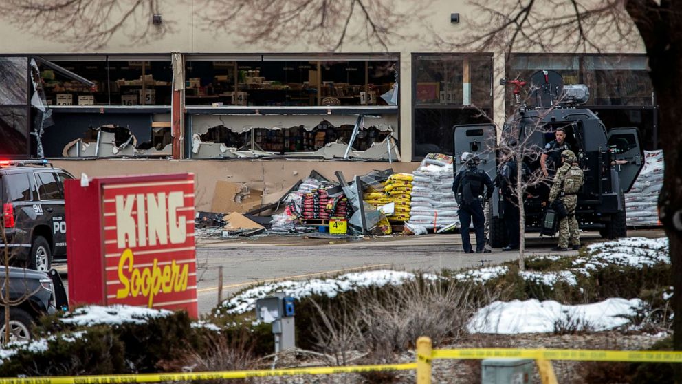 PHOTO: Tactical police units respond to the scene of a King Soopers grocery store after a shooting, March 22, 2021, in Boulder, Colo.