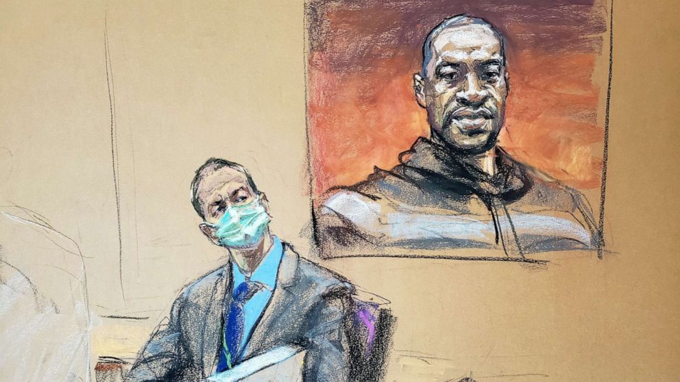 PHOTO: A courtroom sketch shows former Minneapolis police officer Derek Chauvin in front of a picture of George Floyd displayed during Chauvin's trial in the death of Floyd in Minneapolis, March 29, 2021.