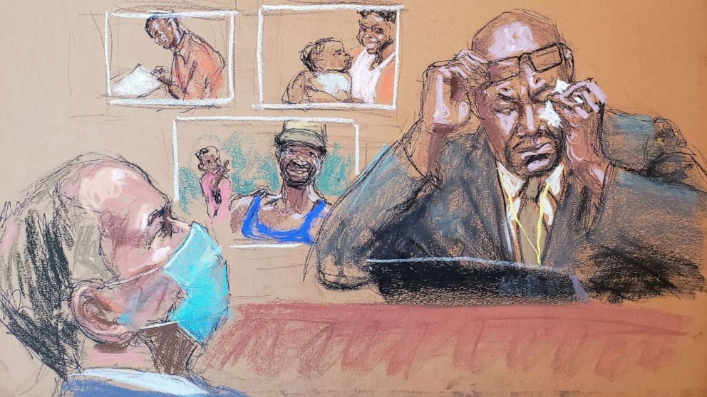 PHOTO: Philonise Floyd speaks about his brother as he answers questions on the eleventh day of the trial of former Minneapolis police officer Derek Chauvin, left, in the death of George Floyd in Minneapolis, April 12, 2021, in this courtroom sketch.