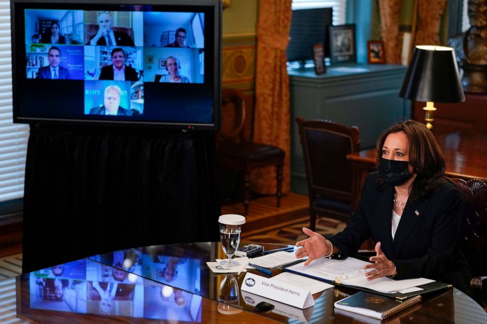 PHOTO: Vice President Kamala Harrisspeaks during a virtual meeting with outside national security experts in Vice President's ceremonial office at the Eisenhower Executive Office Building on the White House complex in Washington, April 14, 2021.