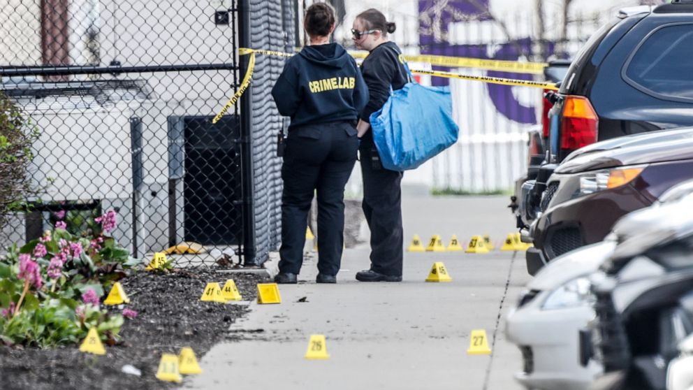 PHOTO: Investigators are on the scene following a mass shooting at a FedEx facility in Indianapolis, April 16, 2021.