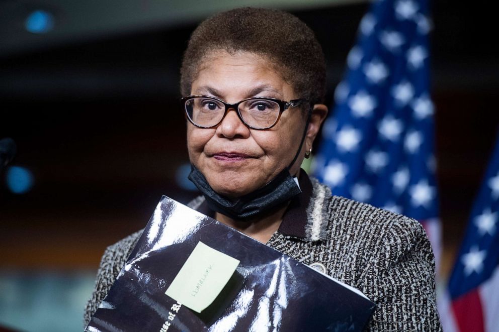 PHOTO: Rep. Karen Bass, chair of the Congressional Black Caucus, conducts a news conference in the Capitol Visitor Center in Washington, Sept. 23, 2020.