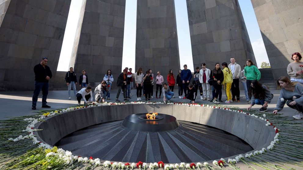 PHOTO: People visit the Tsitsernakaberd Armenian Genocide Memorial in Yerevan, Armenian, on Oct. 30, 2019.