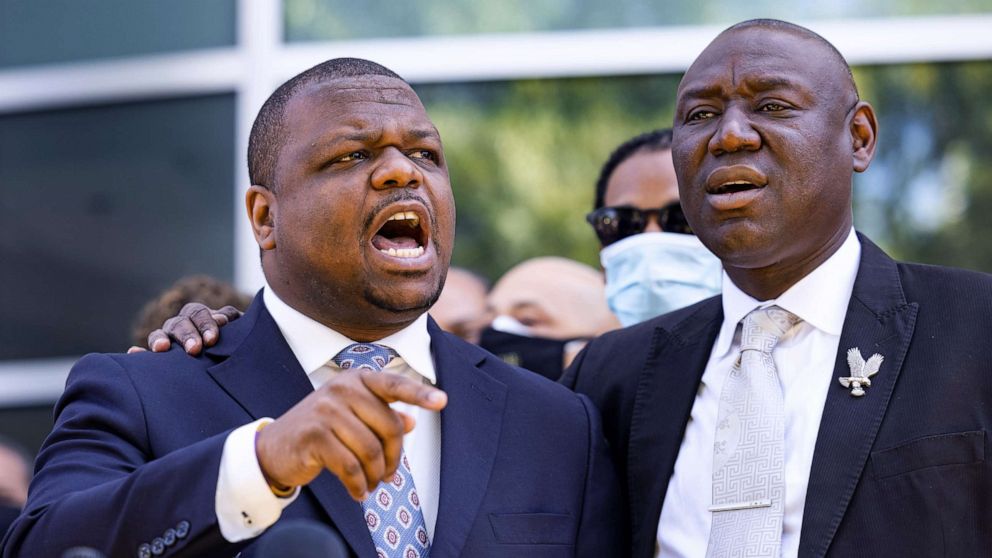 PHOTO: Attorneys Harry Daniels and Benjamin Crump, right, representing the family of Andrew Brown, speak outside the Pasquotank County Sheriff's Office in Elizabeth City, N.C., April 26, 2021.
