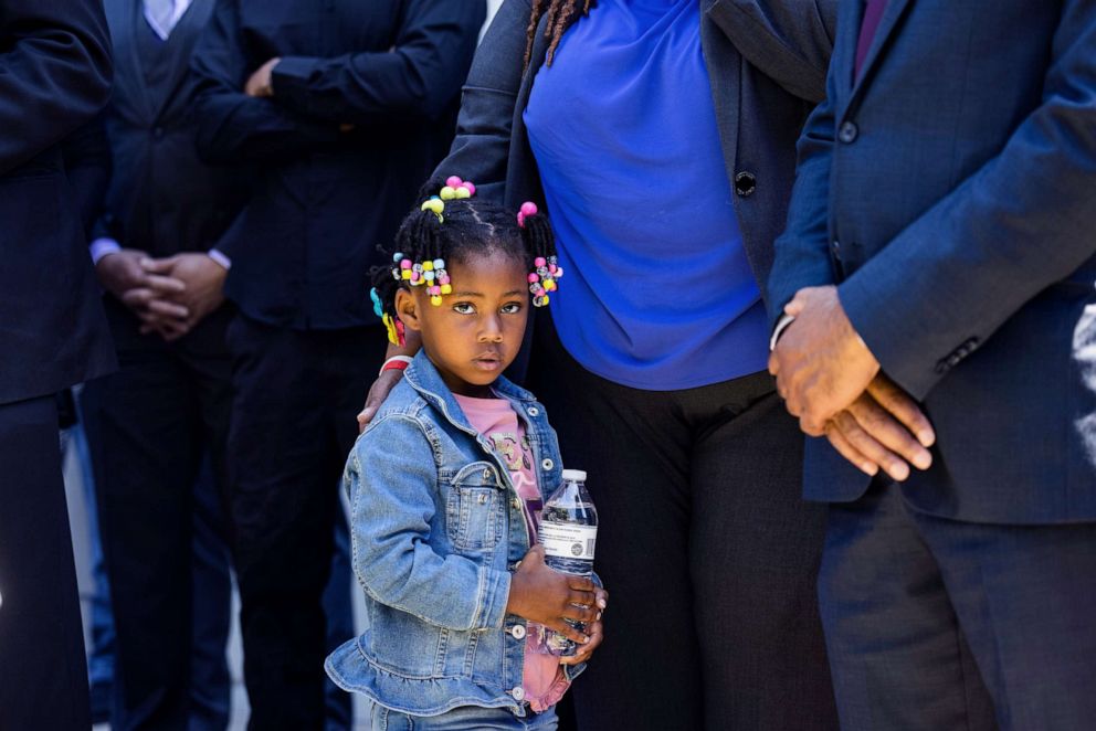 PHOTO: Andrew Brown's youngest daughter listens to Attorney Benjamin Crump, who is representing the Brown family, speak outside the Pasquotank County Sheriff's Office in Elizabeth City, N.C., April 26, 2021.