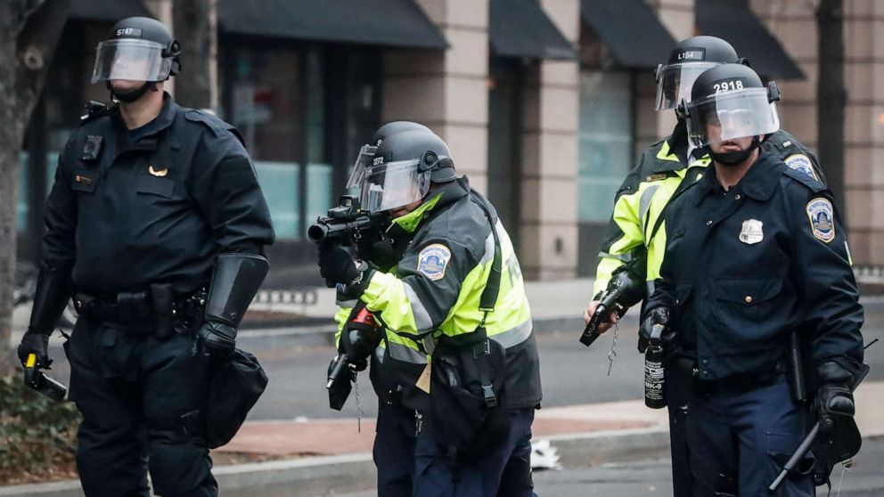 PHOTO: A police officer prepares to fire a 'non-lethal' weapon at protesters during a demonstration after the inauguration of President Donald Trump, Jan. 20, 2017, in Washington, D.C.