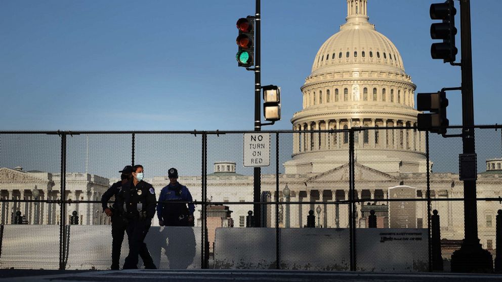 PHOTO: An eight-foot-tall steel security fence continues to encircle the U.S. Capitol on April 05, 2021, in Washington, D.C.