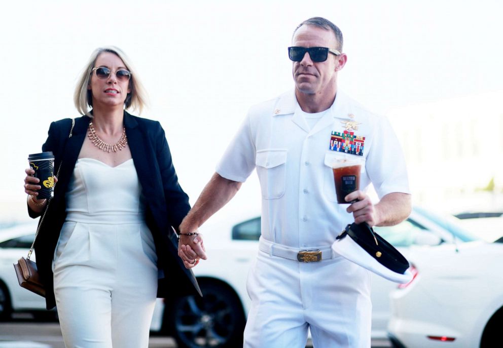 PHOTO: Navy Special Operations Chief Edward Gallagher walks into military court with his wife Andrea Gallagher, July 2, 2019, in San Diego.