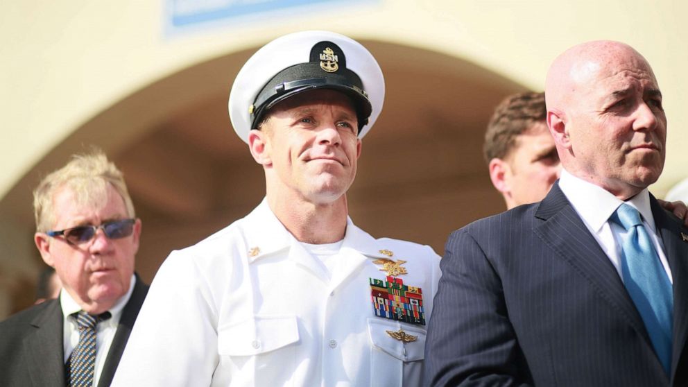 PHOTO: Navy Special Operations Chief Edward Gallagher celebrates after being acquitted of premeditated murder at Naval Base San Diego, July 2, 2019, in San Diego.