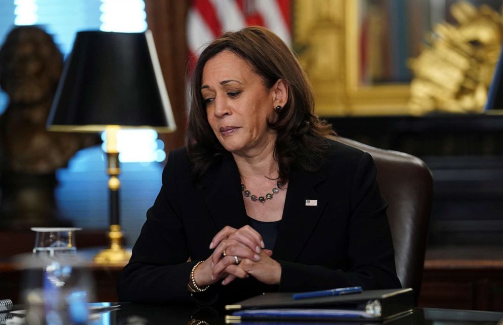 PHOTO: Vice President Kamala Harris looks down after making remarks about the shooting in San Jose during a meeting with a bipartisan members of Congress at the White House in Washington, May 26, 2021.