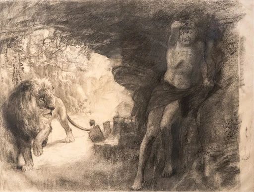 徐悲鸿（1895-1953） 《奴隶与狮》， 素描，47.5 x 63 cm.，1924年。北京徐悲鸿美术馆藏
