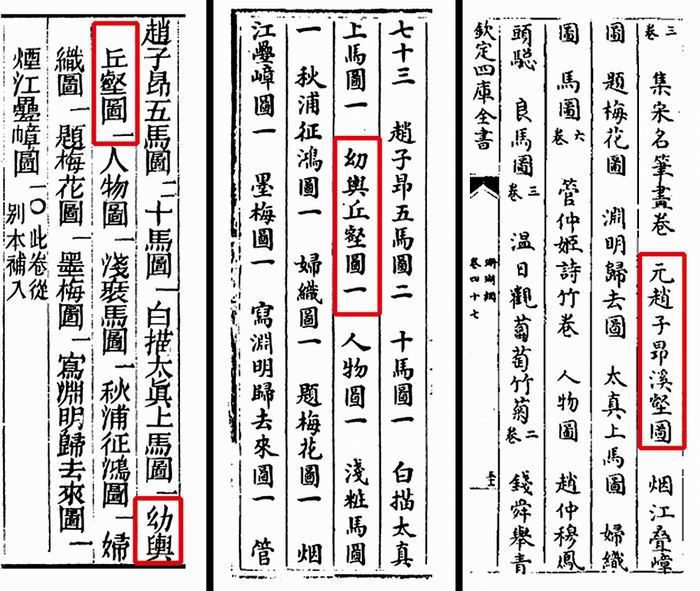 〔图四〕《钤山堂书画记》(左)、《严氏书画记》(中)、 汪氏《珊瑚网》(右)中题名