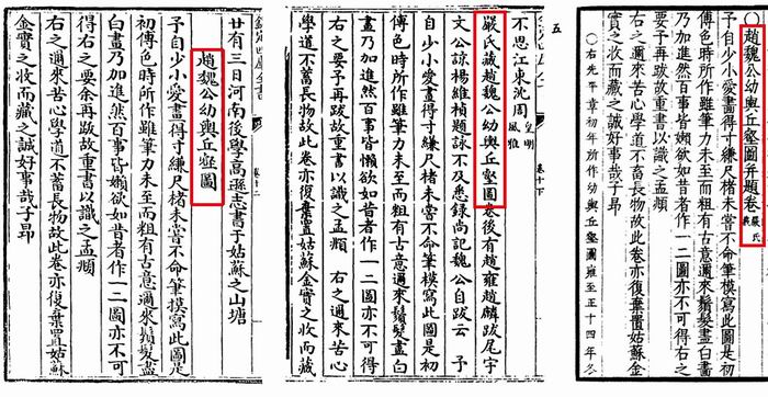 〔图二〕《书画题跋记》(左)、汪氏《珊瑚网》(中)、《式古堂书画汇考》(右)中的条目名和注释