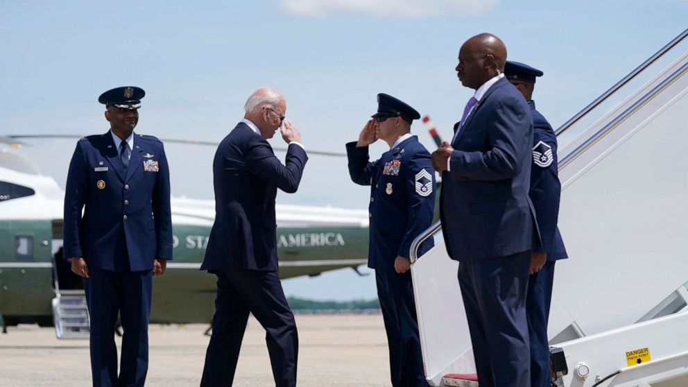 PHOTO: President Joe Biden boards Air Force One for a trip to Tulsa, Okla., to mark the 100th anniversary of the Tulsa race massacre, June 1, 2021, in Andrews Air Force Base, Md.