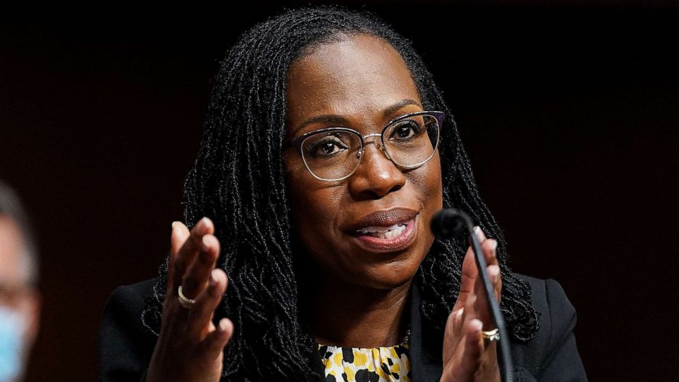 PHOTO: Ketanji Brown Jackson, nominated to be a US Circuit Judge for the District of Columbia Circuit, testifies before a Senate Judiciary Committee hearing on pending judicial nominations on Capitol Hill, April 28, 2021. 