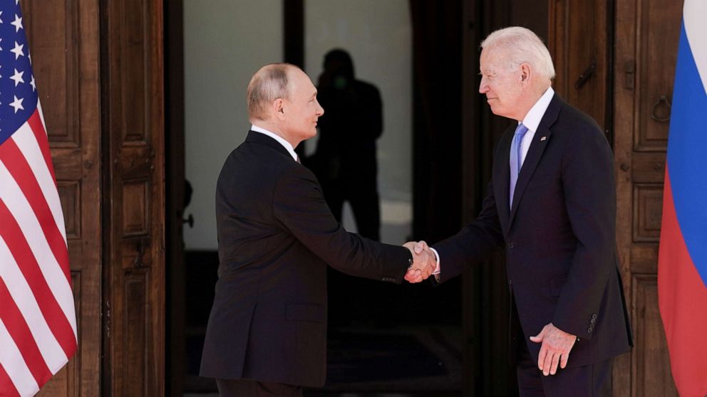 PHOTO: U.S. President Joe Biden and Russia's President Vladimir Putin shake hands as they arrive for the U.S.-Russia summit at Villa La Grange in Geneva, Switzerland, June 16, 2021.