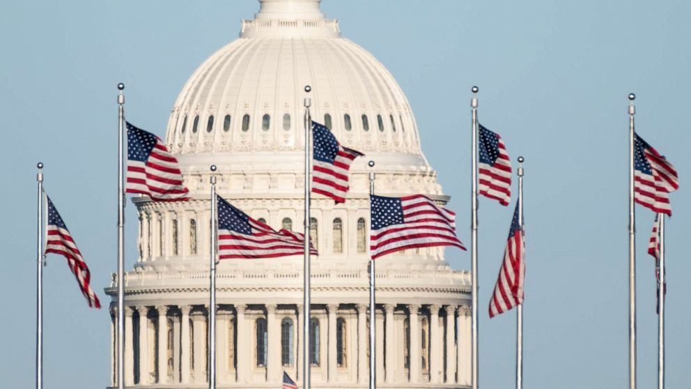 PHOTO: The U.S. Capitol dome is seen behind the American flags at the base of the Washington Monument in Washington, March 29, 2021.
