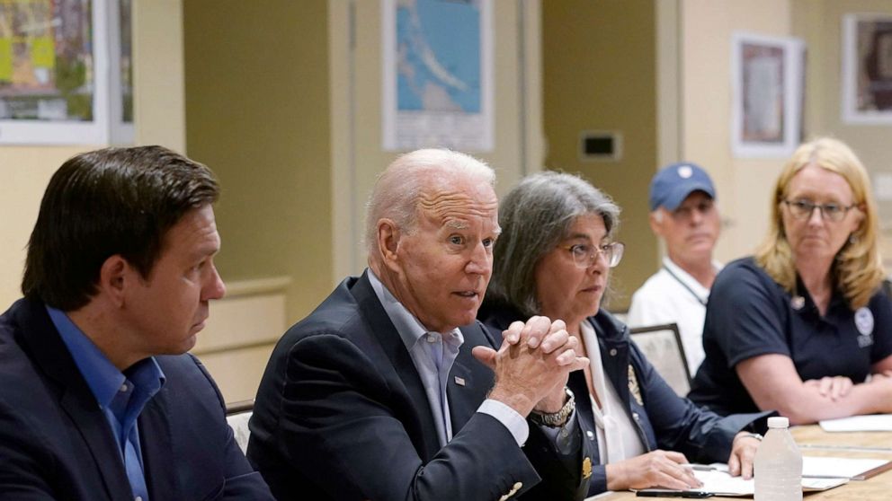 PHOTO: President Joe Biden, flanked by Florida Gov. Ron DeSantis and Incident Commander Mayor Daniella Levine Cava, speaks during a briefing in Miami Beach, Fla., July 1, 2021, on the condo tower that collapsed in Surfside, Fla., last week.