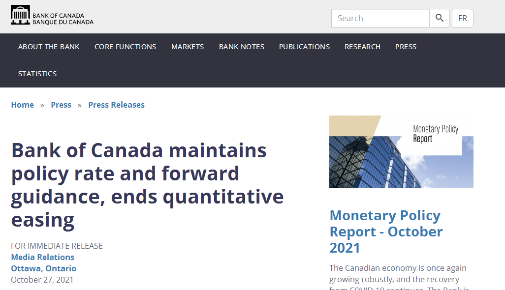 加拿大央行宣布结束量化宽松（资料来源：加拿大央行官网）