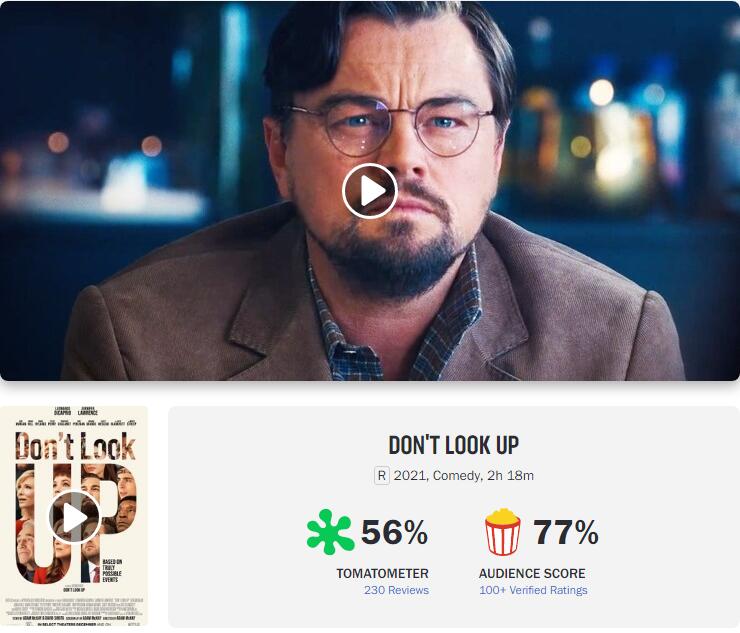 《不要抬头》在“烂番茄”上仅有56%的影评人好评度