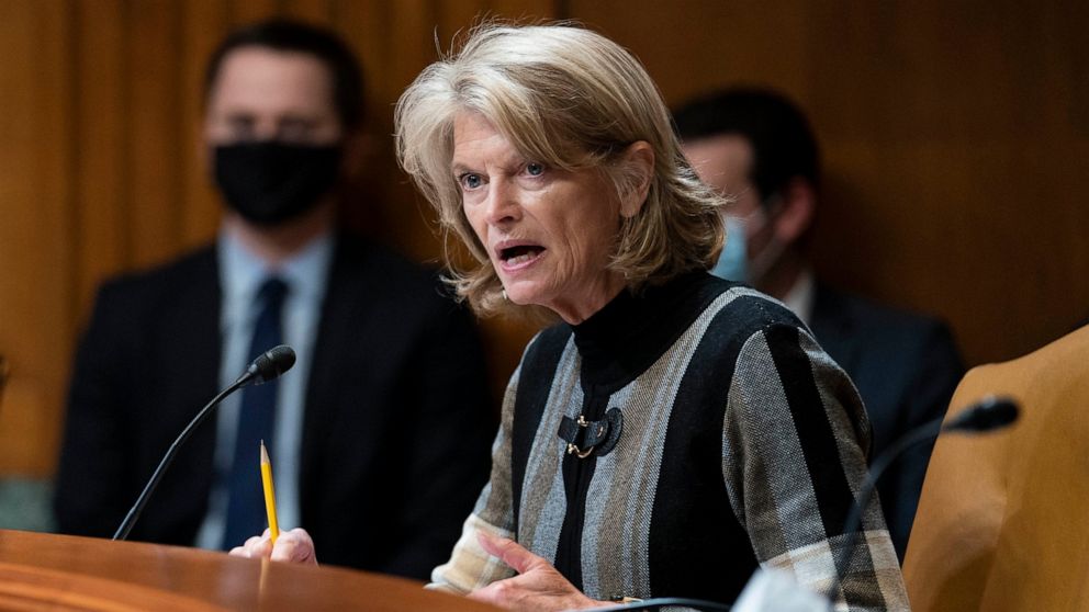 Sen. Lisa Murkowski, R-Alaksa, questions Commerce Secretary Gina Raimondo during a Senate Appropriations Subcommittee on Commerce, Justice, Science, and Related Agencies hearing on expanding broadband access, Tuesday Feb. 1, 2022, on Capitol Hill in 