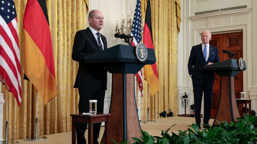 PHOTO: German Chancellor Olaf Scholz delivers remarks alongside U.S. President Joe Biden during a joint news conference in the East Room of the White House on Feb. 07, 2022.