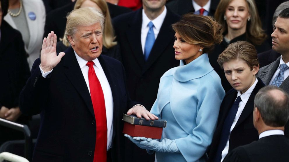 PHOTO: In this Jan. 20, 2017, file photo, President-elect Donald Trump takes the oath of office as First Lady-elect Melania Trump, looks on during the 58th presidential inauguration in Washington, D.C.