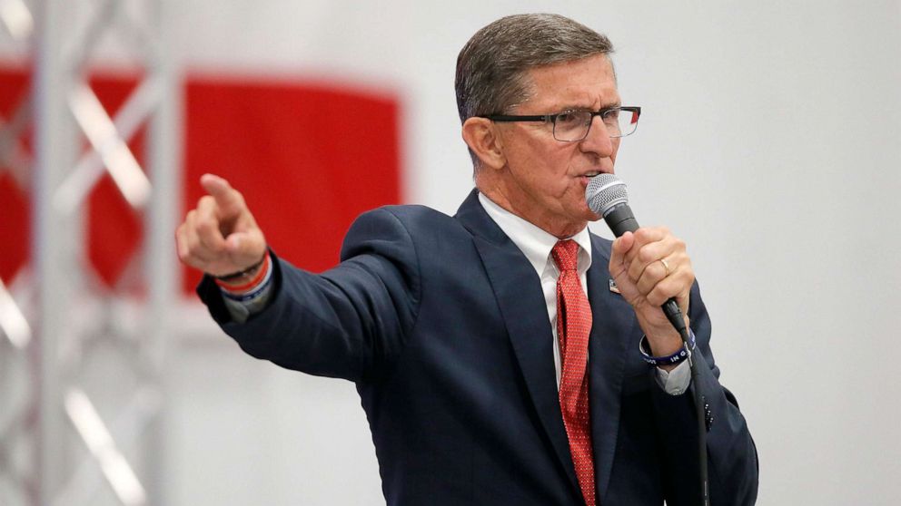 PHOTO: Michael Flynn speaks during a rally for Senate candidate Jackson Lahmeyer in Oklahoma City, on March 4, 2022.Jackson Lahmeyer Rally 6975565001