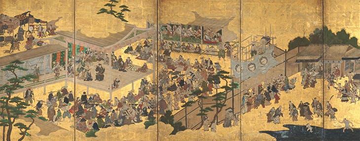 狩野孝信画室，《带有女性歌舞伎表演场景的折叠屏风》（约 1615 年）， 纽约大都会艺术博物馆藏