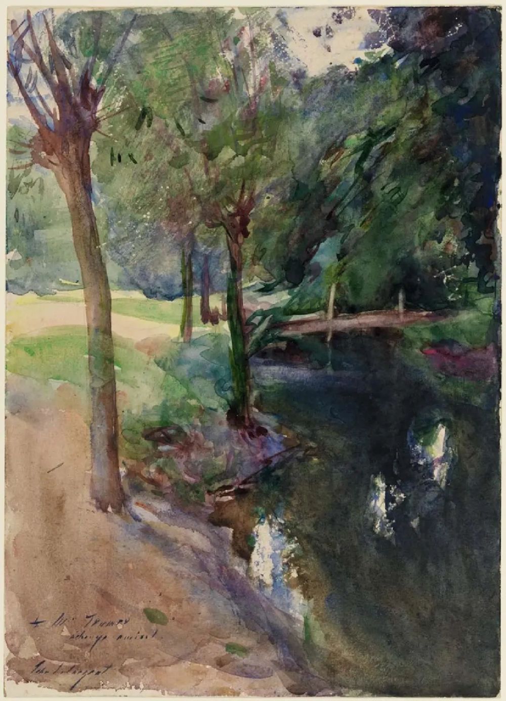 《阴影下的河流》，约翰·辛格·萨金特，约1883年至1885年，半透明的水彩，加上不透明的水彩笔触，绘于纸上底稿之上