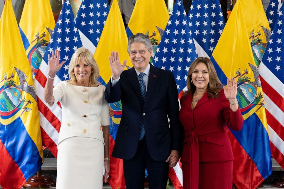 PHOTO: U.S. first lady Jill Biden, Ecuadorian President Guillermo Lasso and Ecuador's first lady Maria de Lourdes Alcivar de Lasso wave to reporters at the Carondelet Palace in Quito, Ecuador, on May 19, 2022.