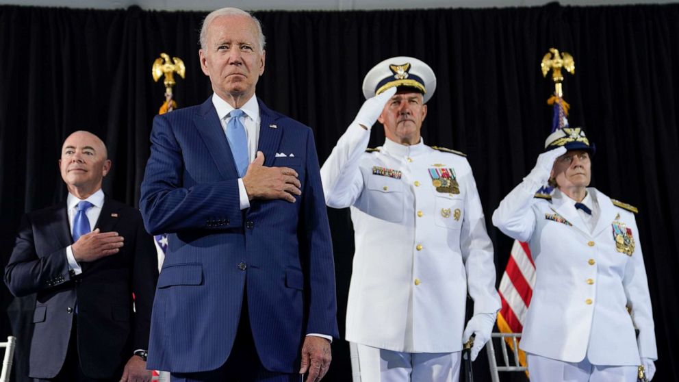 PHOTO: President Joe Biden participates in a change of command ceremony at U.S. Coast Guard headquarters, June 1, 2022, in Washington, D.C. 