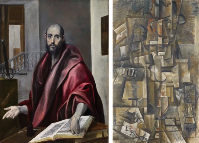 左：格列柯，《圣保罗》，约1585年，私人藏； 右：毕加索，《狂热者》，1912年，巴塞尔美术馆藏