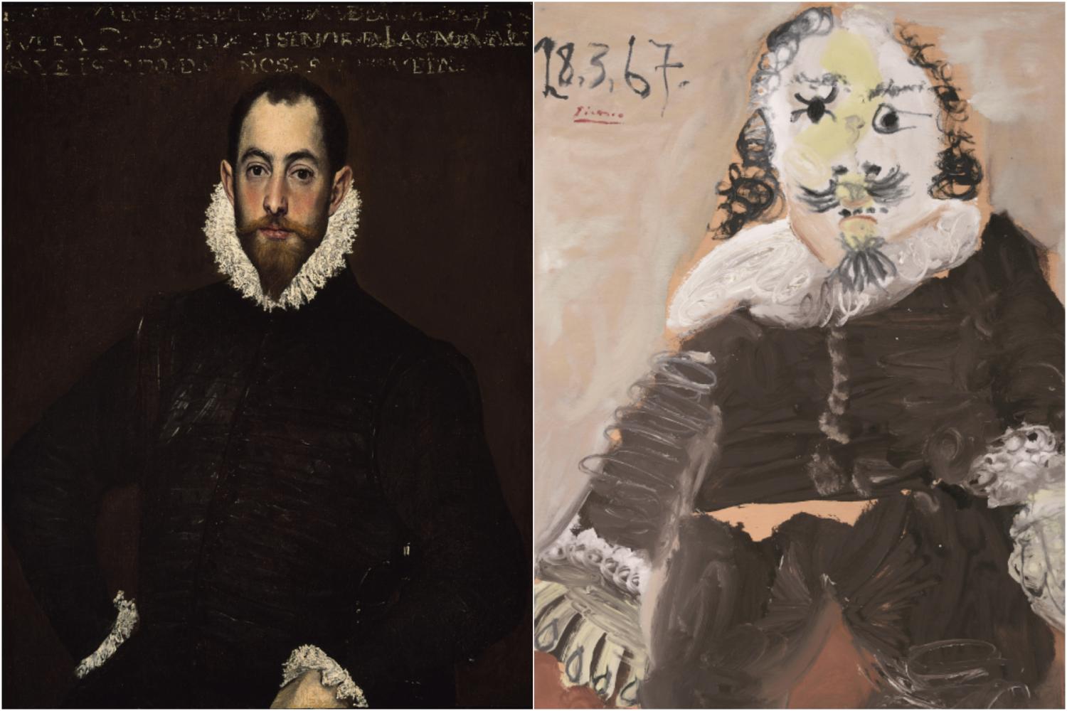 左：格列柯，《圣保罗》，约1585年，蒙特利尔美术博物馆藏； 右：毕加索，《火枪手》，1967年，路德维希博物馆藏