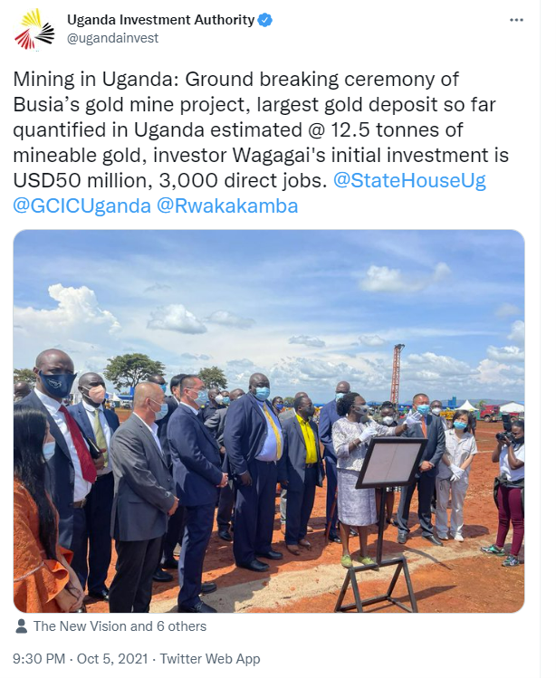 “乌干达投资权威”宣布布西亚金矿项目破土动工。