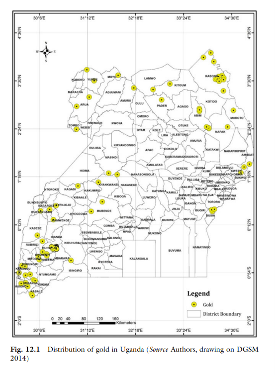 乌干达黄金矿藏分布图（2014）（来源：《乌干达：黄金作为一种（跨）国家宝藏》）