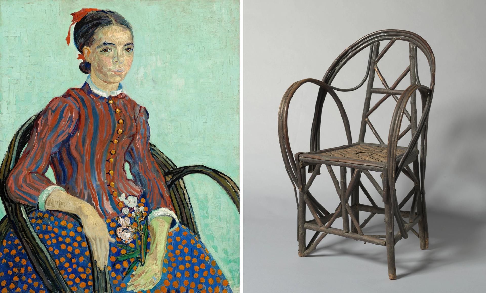 梵高的《莫斯梅半身像》（La Mousmé 1888年8月）和原始的柳椅（可能是19世纪晚期的普罗旺斯）