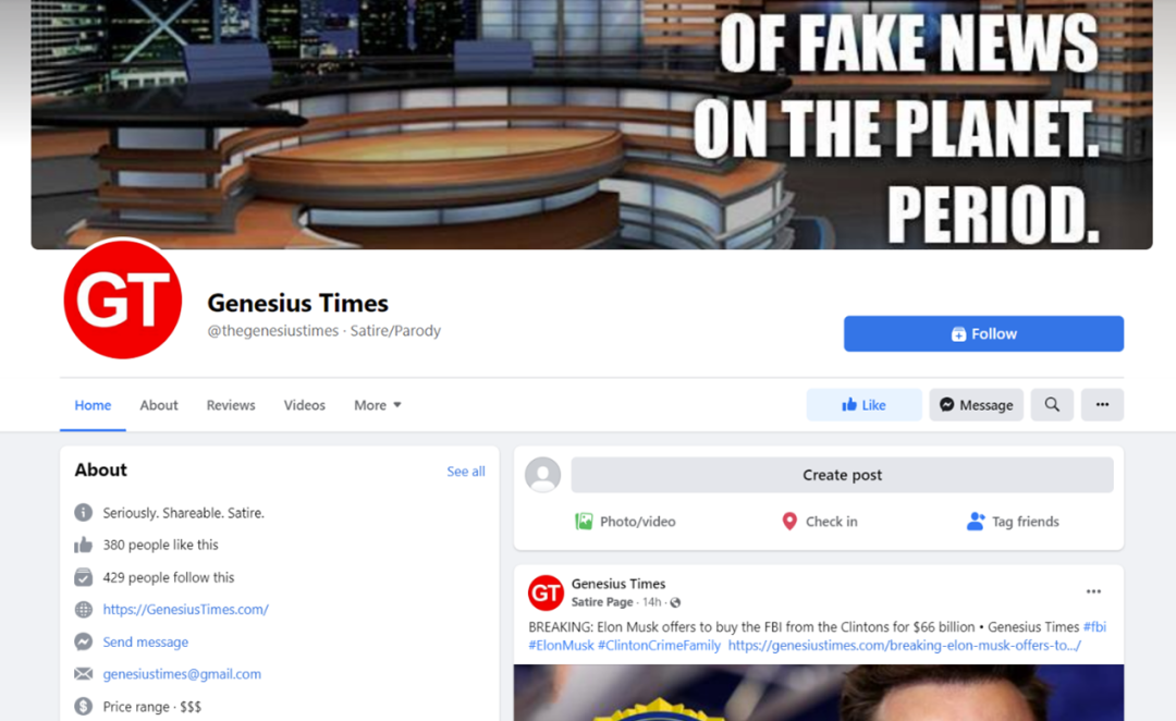 Genesius Times脸书界面显示为“讽刺/戏仿”类账号。