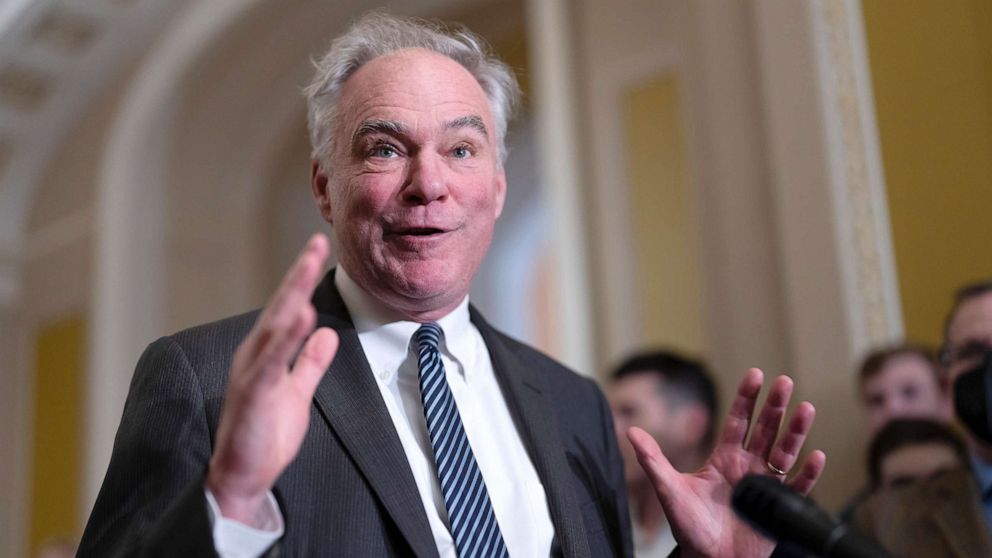 PHOTO: Sen. Tim Kaine joins the Senate Democratic leadership to speak to reporters about ending the 2001 authorization for use of military force enacted after the Sept. 11, 2001 terrorist attacks, at the Capitol in Washington, March 15, 2023.