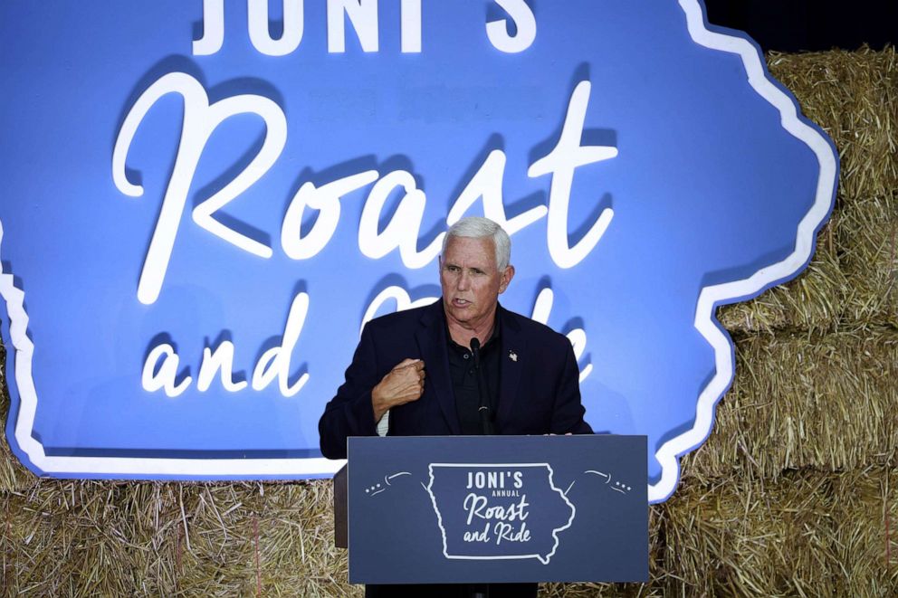 PHOTO: Former Vice President Mike Pence speaks to guests during the Joni Ernst's Roast and Ride event, June 03, 2023 in Des Moines, Iowa.