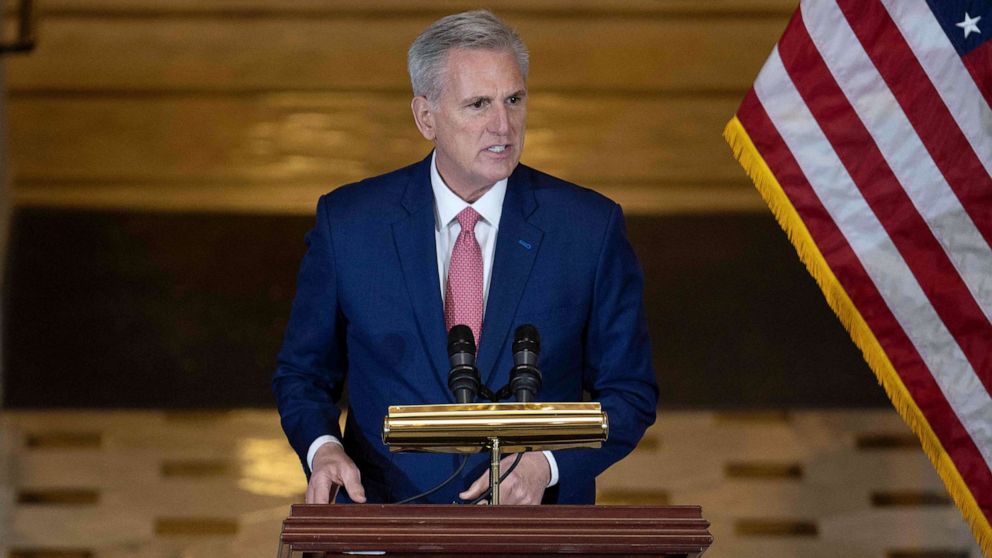 PHOTO: House Speaker Kevin McCarthy speaks at the Capitol in Washington, DC, June 7, 2023.